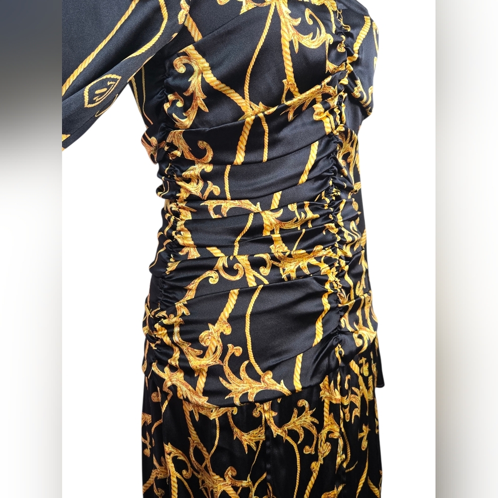 GANNI Baroque Print Silk Blend Ruched Midi Dress Black Gold EU 36 US 4 - Picture 12 of 15